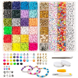 Artval 7000 Pc Clay Beads for Bracelet Making, 900 Letters Beads, 24 Colors Flat Round Polymer Clay Beads with Pendant Charms Kit and Elastic Strings for Bracelet Jewelry Making Kit (D-1)