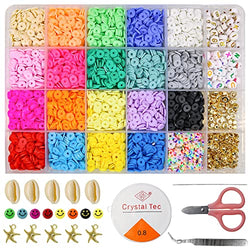 Clay Beads for Bracelets Making, Flat Clay Beads for Jewelry Bracelet Making Kit- Round Polymer Clay Beads with Pendant Charms Kit and Elastic Strings for Jewelry Making Bracelets Necklace