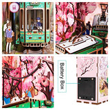 Desmond DIY Book Nook Kit, Miniature Dollhouse Kit 3D Wooden Puzzle with Sensor Light Booknook Bookshelf Insert Diorama Kit Cherry Blossom Tiny Train Decor Bookshelf Kits to Build for Kids/Adults