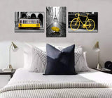 Xinqi art 3 Panels Modern Black and White Pairs Eiffel Tower with Yellow Umbrella Yellow Bicycle Yellow Cable Car Canvas Wall Art, Ready to Hang for Living Room Bedroom Office (16X24inchX3)