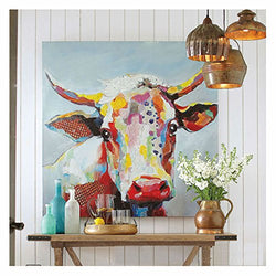 Colorful Cow Paintings Canvas Wall Art Animal Paintings Handmade Texture Oil Paintings 3D Cow Pictures American Country Style Wall Decor for Living Room Bedroom Modern Art Work Wooden Framed 32x32inch