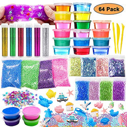 DIY Slime Toy For Girls Boys,Glitter Slime Making Kit 64 Pack Kids Slime Supplies Gifts For Kids Age 6+ Year Old Including Clear Crystal Slime,Air Dry Clay,Fishbowl Beads,Ect (64 Pack slime kit)