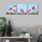 Flower Canvas Wall Art Pink Daisy with Butterfly Picture 3 Panels Modern Giclee Prints Artwork Stretched and Framed Natural Art Canvas Ready to Hang