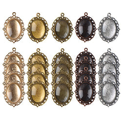 eBoot 25 Pieces Assorted Colors Pendant Trays Oval Bezels and 25 Pieces Glass Dome Tiles, Totally