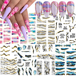 8 Sheets Nail Art Stickers Decal Marble Wave Yellow Black Gold Stripe Line Nail Decals Self-Adhesive Nail Art Supplies for Nail DIY Decoration 3D Adhesive Nail Accessories for Women French Nail Design