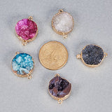 Pandahall Elite 5PCS Mixed Dyed Plated Natural Druzy Agate Pendents Flat Round Links Charms for