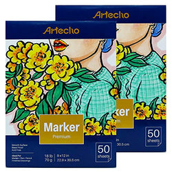 Artecho Marker Pad, Artist Paper Pad, Semi-Translucent for Pen, Pencil and Marker, Fold Over, 18 Pound, 9 x 12 Inch, White, 50 Sheets-2 Pack
