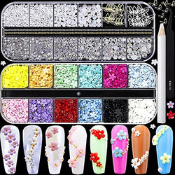 BELICEY 12 Color Flower Nail Charms White-Blue Nail Art Rhinestones Kit Nail Art Decals Charms with Pearls Metal Golden Round Beads Nail Art Crystal Gems for Nail DIY Crafts Clothes Shoes Jewelry