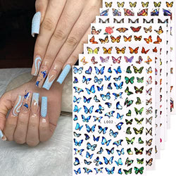 Baoximong 8 Sheets Butterfly Nail Art Stickers Decals Colorful Spring Nail Decals 3D Self-Adhesive Nail Art Supplies Holographic Laser Design Nail Accessories for Women Acrylic Nail Decorations