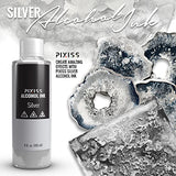 Silver Alcohol Ink for Resin - Metallic Alcohol Ink Silver Color 4-Ounce for Epoxy Resin, Tumblers, Resin Art, Alcohol Ink Paper, Silver Pigment Ink, 3 Pixiss Needle Tip Applicator Bottles and Funnel