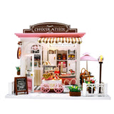 Miniature Dollhouse Kit DIY Dollhouse Wooden Miniature Furniture Kit Mini Pink Chocolate Store with LED Light Sweet Birthday for Women and Girls 1:24 Scale with Tools and Dust Cover