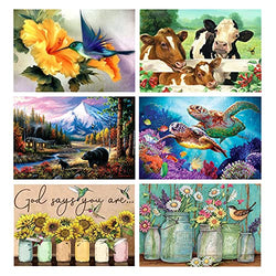 6 Pack Diamond Painting Kits for Adults, DIY 5D Diamond Art, Full Drill Round Crystal Diamond Home Wall Decor Gift, Diamond Dotz Diamond Painting Kits for Kids Hummingbird Cow Sunflower Animal 12x16in