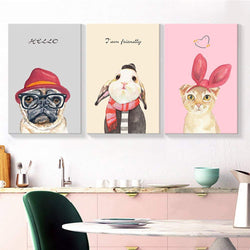 Picpeak 3 Panel Canvas Wall Art Cute Pug Bunny and Cat Hipster Animal Canvas Wall Art Giclee Print Gallery Wrapfor Bedroom/Livingroom/Coffee Framed Ready to Hang 16x20inx3