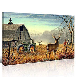 Canvas Print Wall Art Painting of Nature Trees Fences Birds Fog Mist Deer Barn Farm Competition Picture for Living Room Decoration Animals Pictures Photo Prints On Canvas (Deer 1, 40x20inx1panel)
