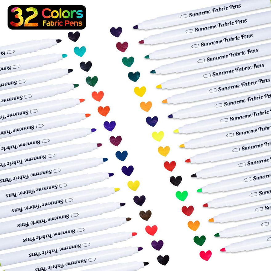 Sunacme Fabric Markers Pen, 32 Colors Permanent Fabric Paint Pens