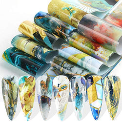 Marble Nail Foil Transfers, 10 Sheets Abstract Green Marble Stone Nail Art Foil Holographic Starry Sky Blue Gold Blooming Design Designer Nail Stickers Decals Wraps Foil Transfer Adhesive DIY Nail Decoration for Women Girls