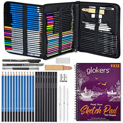 Glokers 72-Piece Arts Supplies and Drawing Kit Set - Complete Set of Art Pencils: Graphite, Colored, Metallic, Charcoal, Watercolor - Also Includes 9x12 Sketch Book, Stumps, Sharpener, Eraser & More