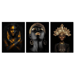 Abstract Poster Printed Golden Fashion Black Woman Portrait Wall Art Canvas Print Frame Picture Painting for Room Home Decorations 12x16inch 3PCS