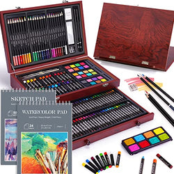 146 Piece Deluxe Art Set with Easel, Wooden Art Box with 2 Drawing Pad, Drawing Kit with Crayon,Oil Pastel,Colored Pencil,Watercolors Cake, Creative Gift Box Art Supplies for Artist Adults Teens Kids