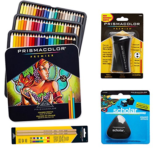 Prismacolor 72-Count Colored Pencils, Triangular Scholar Pencil Eraser, Premier Pencil Sharpener,