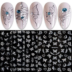 JMEOWIO 12 Sheets Aurora Holographic Butterfly Nail Art Stickers Decals Self-Adhesive Pegatinas Uñas Glitter Flower Nail Supplies Nail Art Design Decoration Accessories