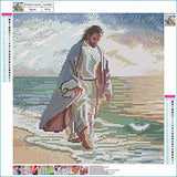 DIY 5D Diamond Painting Kit for Adults Children, NYEBS 5D DIY Diamond Painting Full Round Drill Jesus is Walking On The Beach Rhinestone Embroidery for Wall Decoration 16X16 inches (Full Drill)