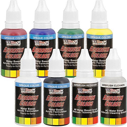 US Art Supply 6 Color Starter Acrylic Airbrush Paint Set Primary Opaque Colors plus Reducer &