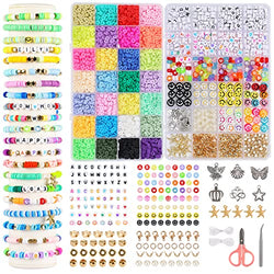 QUEFE 5000 Clay Beads for Bracelet Making Kits, 28 Colors Flat Clay Heishi Beads Jewelry Accessory Smiley Face Beads,Strings for Jewelry Making Kit Bracelets Necklace
