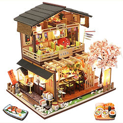 SPILAY Dollhouse Miniature with Wooden Furniture,Handmade Japanese Style DIY Dollhouse Kit with Dust Cover & Music Box,1:24 3D Creative Room Gift Idea for Adult Friend Lover(New Gibon Sushi)