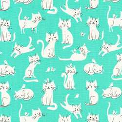 Cat Fabric - Whiskers & Tails - Cats & Birds - Mint - 100% Cotton - By the Yard
