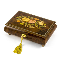 Handcrafted 18 Note Italian Walnut Floral Inlay Musical Jewelry Box with Lock and Key - Over 400 Song Choices - Around The World in 80 Days (V.Young) - Swiss
