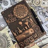 Vintage Train Embossed Leather Writing Journal Notebook with Pen Set,Antique Handmade Daily Notepad Sketchbook,Travel Diary Notebooks to Write in,Gift for Men Women (A5(8.4"*5.7"), RedBronze)