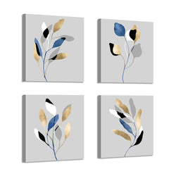 Botanical Leaf Prints Wall Art: Branch with Golden Leaves Pictures Paintings on Canvas Artwork for Dinning Room (12'' X 12'' x 4 Panels)