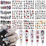 Halloween Nail Stickers Day of The Dead Nail Art Water Decals Transfer Foils for Nails Supply Skull Clown Spider Pumpkin Maple Leaf Design Nail Tattoos DIY Halloween Party Decoration Supplies 12PCS