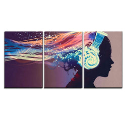 wall26 - 3 Piece Canvas Wall Art - Woman with Magic Glowing Headphones on Dark Background,Illustration Painting - Modern Home Decor Stretched and Framed Ready to Hang - 24"x36"x3 Panels