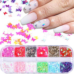 12 Colors Butterfly Glitter Nail Sequins Holographic 3D Nail Art Flakes Colorful Confetti Glitter Sticker,Nail Art Design Makeup DIY Decoration Kit,Nail Sequins for Face Body Eye Hair