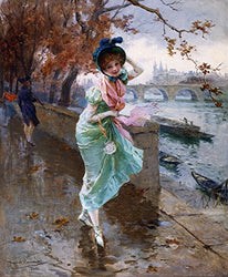Daniel Hernandez Morillo Elegant Lady on The Quay of Paris Private Collection 30" x 25" Fine Art Giclee Canvas Print Reproduction (Unframed)