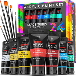 Premium Quality Acrylic Paint Set 24 Colors - 1.38oz (38ml) - with 6 Nylon Brushes - Safe for Kids & Adults - Perfect Kit for Beginners, Pros & Artists to Create Amazing Paintings and Artwork