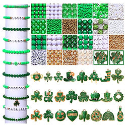 1900PCS+ St. Patrick's Day Beads Green Polymer Clay Beads Assorted Pearl Acrylic Crystal Beads for Jewelry Making, Enamel Shamrock Charms Irish Luck Hat Pendants for Bracelet Making DIY Crafts