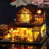 WYD 1:24 Scale Dollhouse DIY Miniature Furniture Kit Japanese Hand-Assembled Wooden Retro Villa Building Model and LED and Dust Cover Music Box Creative Dollhouse Furniture Decoration