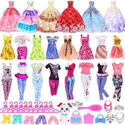 iBayda 39 PCS Doll Clothes and Accessories Including 3 Wedding Gown Dresses, 5 Mini Dress, 3 Fashion Doll Clothes, 3 Blouses Pants, 1 Dog & 24 Accessories for 11.5 inch Fashion Girl Doll