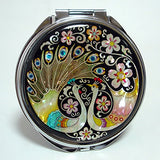 Mother of Pearl Peacock Pair and Flower Design Double Compact Magnifying Purse Mirror, 3.2 Ounce