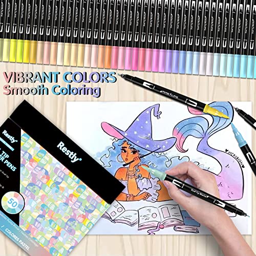  RESTLY 50 Pastel Colors Brush Markers Pens for Adult Coloring  Books, Dual Tip Brush Pen Art Markers, Fine Tip Coloring Marker & Brush Pen  Set for Note Lettering Drawing Sketching