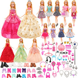 Funlight 70 Pcs Doll Clothes & Accessories 5 Party Wedding Dresses 5 Fashion Dresses 5 Sneakers 10 Shoes and 45 Accessories for 11.5 Inch Girl Doll