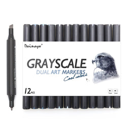 Dainayw Grayscale Alcohol Art Marker Pens, Permanent Dual Tips Cool Grey Markers for Drawing, Shading, Outlining, Illustrating and Rendering,Colorless Blender, 12 Pack