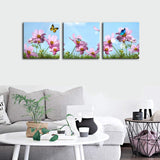 Flower Canvas Wall Art Pink Daisy with Butterfly Picture 3 Panels Modern Giclee Prints Artwork Stretched and Framed Natural Art Canvas Ready to Hang