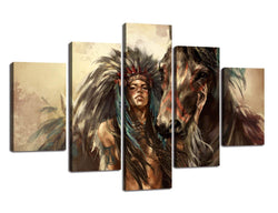 Extra Large Ancient Native American Painting on Canvas 5 Panel Wall Art Retro Indian Chief Mystic Picture Print Artworl Home Decor Framed for Living Room Giclee Stretched Ready to Hang(60''Wx40''H)