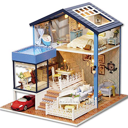 Dollhouse Miniature with Furniture,DIY 3D Wooden Doll House Kit Villa Style Plus with Dust Cover and Music Movement,1:24 Scale Creative Room Idea Best Gift for Children Friend Lover（Seattle）