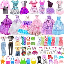 56Pcs Doll Clothes and Accessories Collection Including Princess Dress Fashion Dresses Mini Dresses Tops & Pants Bikinis Handbag Shoes Jewelry Accessories Random Stlye for 11.5 inch Girl Doll