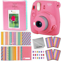 FujiFilm Instax Mini 9 Instant Camera (Flamingo Pink) + Accessories Kit Includes: 64 Pocket Photo Album, 60 Colorful Sticker Frames, Corner Stickers, HeroFiber Cloth + Accessory Bundle